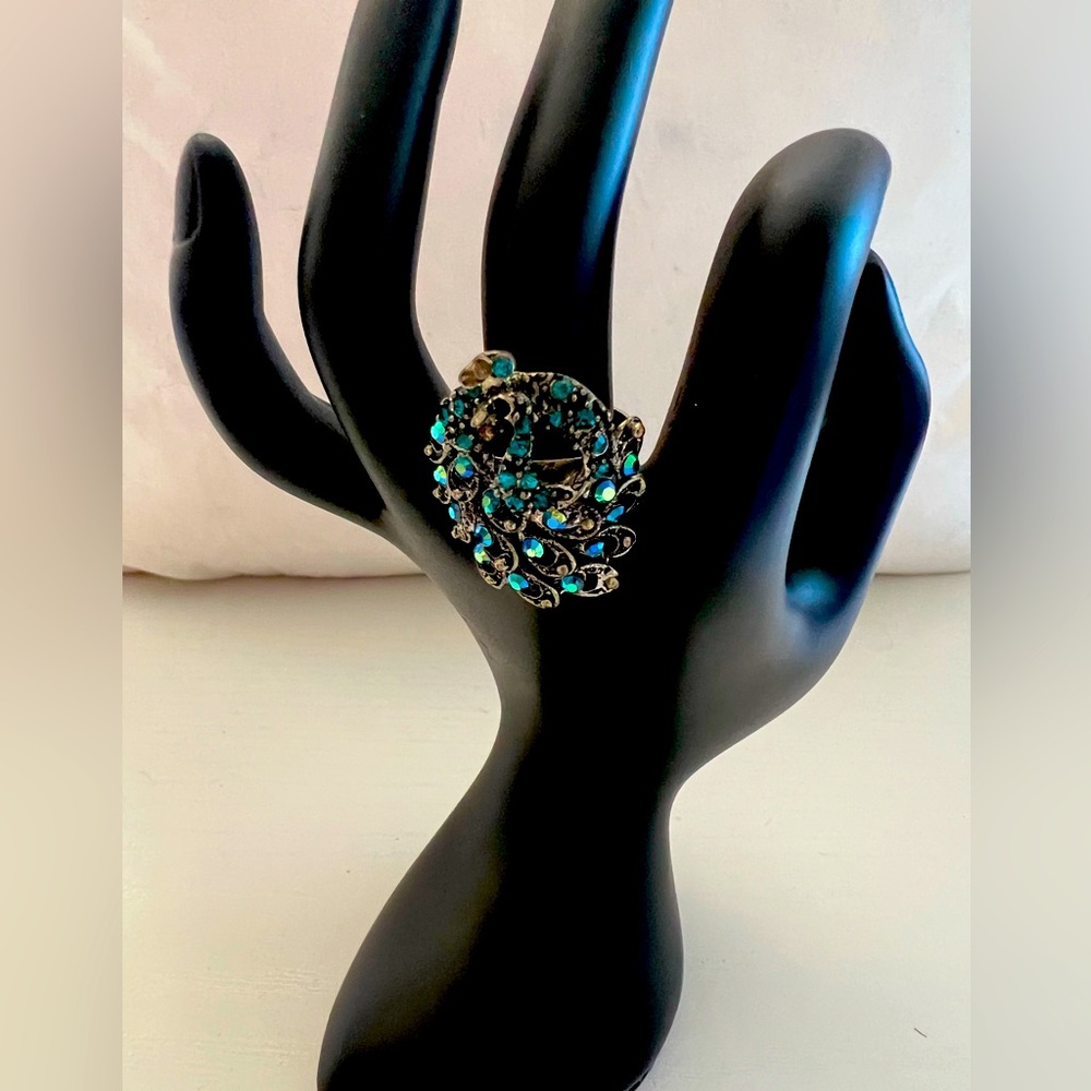 Elegant Peacock Silver and Blue Statement Ring -adjustable